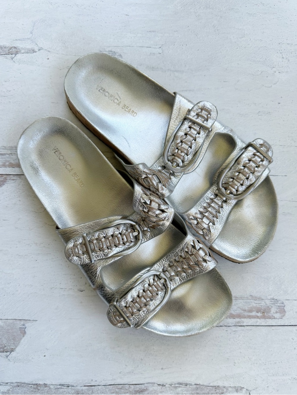 Veronica Beard • Paige Metallic Dual-Buckle Slide Sandals - Picture 4 of 11